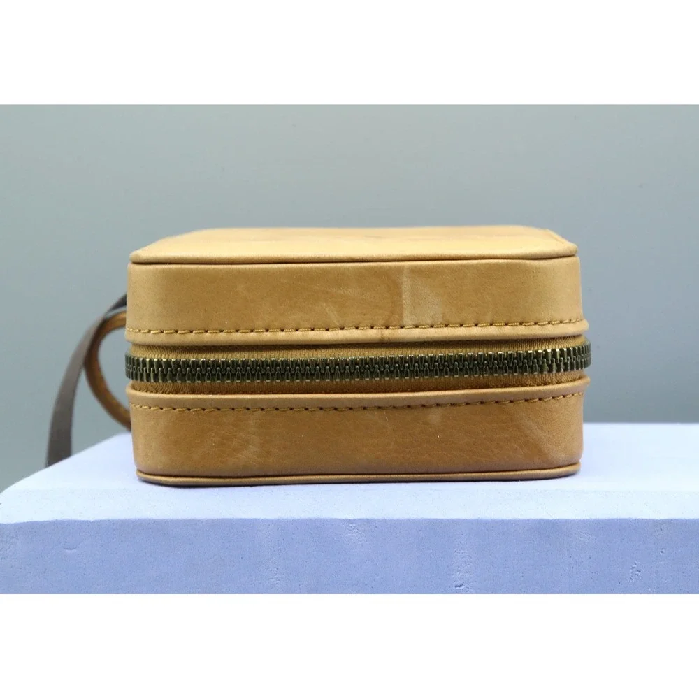 American Leather Co Tan Leather Square Travel Jewelry Box Mirror Monogram A